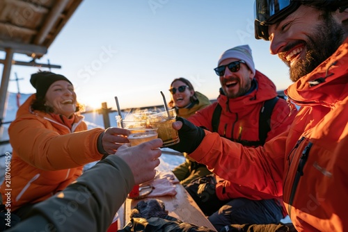 Group of friends toasting with drinks after skiing in winter sunset