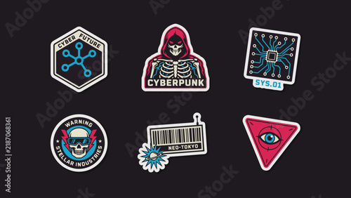 Photography Cyberpunk patches depict skulls circuitry and futuristic themes in a vector illu