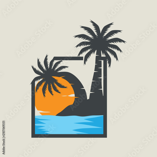 concept with summer beach with palm trees, ocean and sunset beach summer illustration template