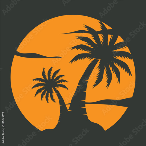 concept with summer beach with palm trees, ocean and sunset beach summer illustration template