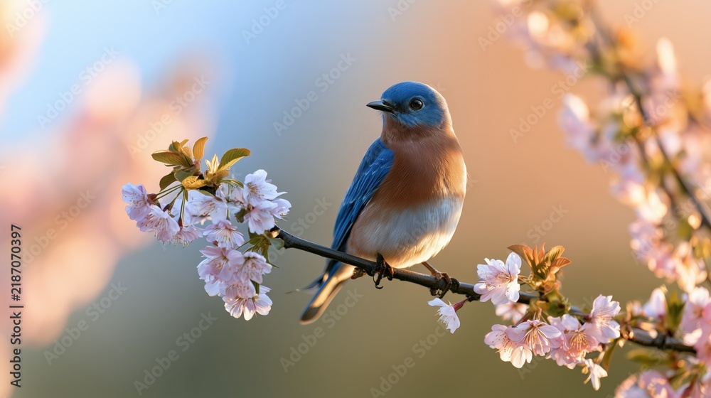 Fototapeta premium National Bluebird of Happiness Day: banner photograph of a bluebird perched on a blossoming branch against a soft blurred pastel sky, generous clean negative space on the right side