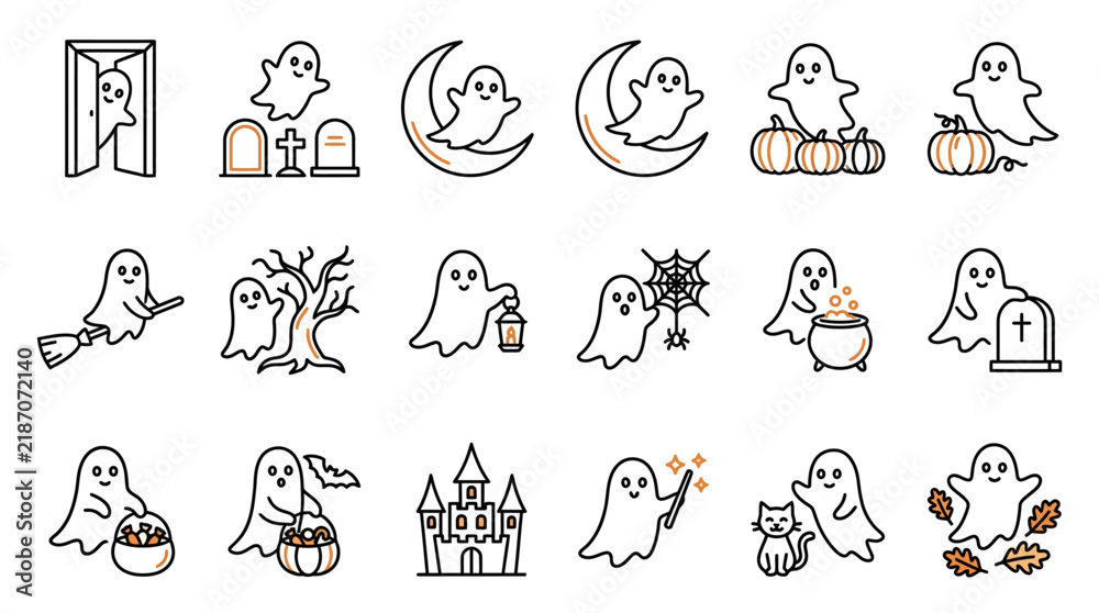 Obraz premium Halloween ghost scene outline featuring a cute ghost character, spooky pumpkins, bats, and a haunted house in a black and white line art vector style for coloring book activities.
