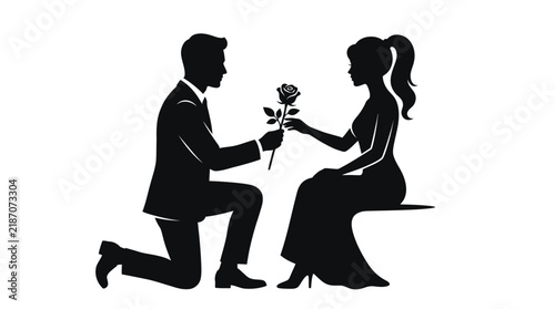 Canvas Print Silhouette of a man offering a rose to a woman in a romantic gesture proposal