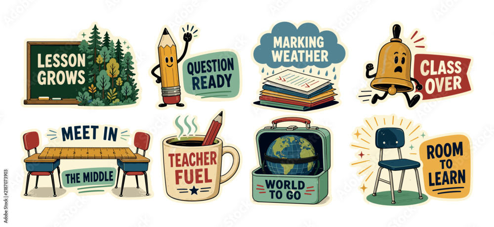 Fototapeta premium Retro school teacher sticker designs featuring cute educational cartoon characters and motivational classroom quotes for educators and students