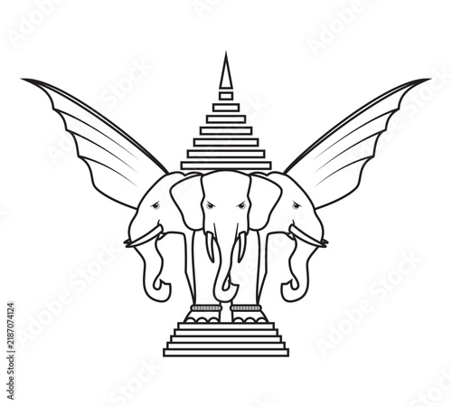 Line art Illustration vector of Erawan Airavata mythical creature animal vehicle or vahana of Indra Hindu god Three heads elephant with wings and royal tiered umbrella drawing in black and white