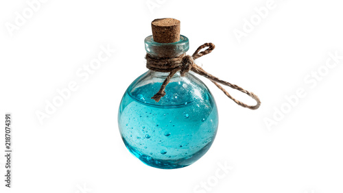 Принти на полотні Mystical light blue liquid magic potion inside a vintage glass vial isolated on
