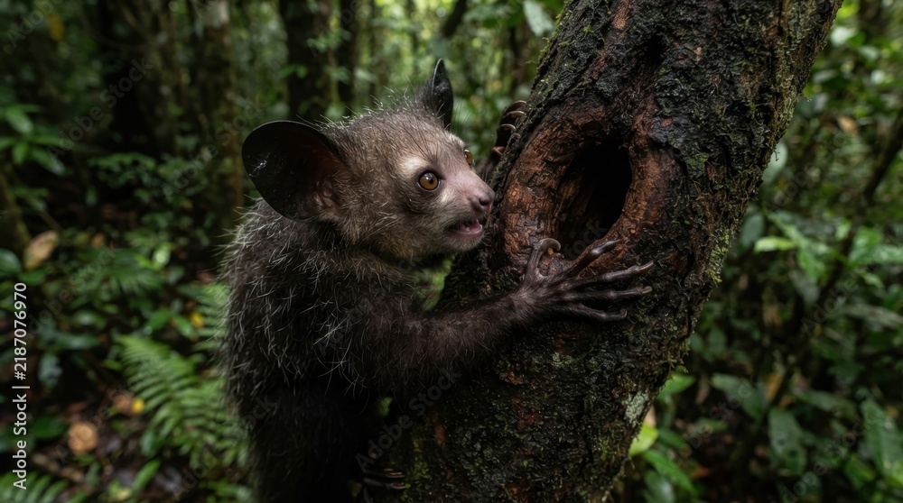 Fototapeta premium Aye-aye primate with large ears clings to a mossy tree trunk in a lush forest