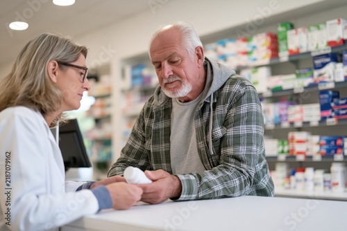 Senior man consulting pharmacist while picking up medication