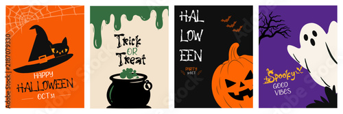 Set of minimalist Halloween greeting cards with traditional spooky characters on orange green black and purple background.