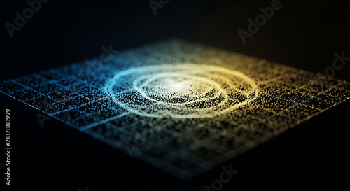 Abstract particle swirl forming a glowing spiral pattern over a dark grid surface