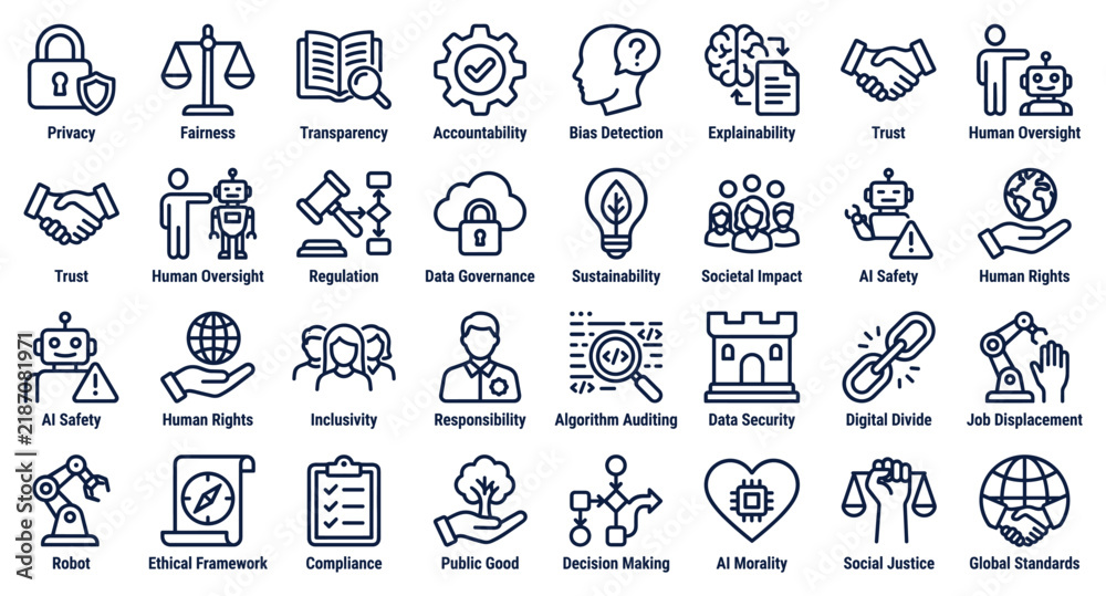 Fototapeta premium Artificial intelligence ethics and governance line icons representing concepts like privacy, fairness, transparency, accountability, trust, safety, and digital responsibility