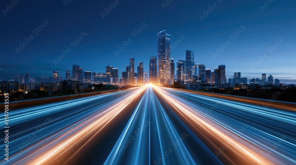 Obraz premium Stunning Night Skyline with Light Trails from a Busy Road and Modern Skyscrapers in a Vibrant Cityscape