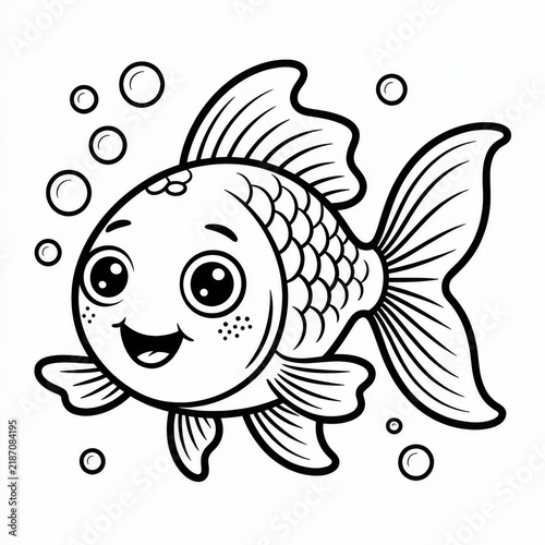 Cute cartoon goldfish swimming with bubbles, black and white line art vector illustration page
