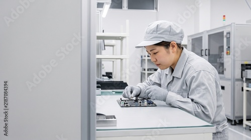 Plakat w ramie 精密機器製造の工場で部品組立を行う日本人女性の製造技術者