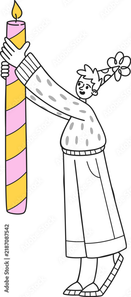 Naklejka premium Birthday Candle Holding Character Line Art
