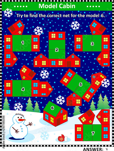 Visual puzzle (suitable both for kids and adults): Find correct net for model house 6. Answer included.
