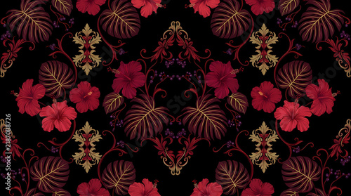 Ornate black background with a repeating pattern of red hibiscus and gold leaves.