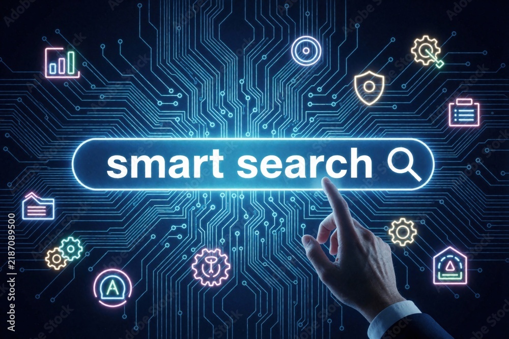 Obraz premium Hand touches smart search bar on digital circuit board background. AI technology helps find business info, data solutions quickly. Virtual interface shows various icons for workflow management, cloud