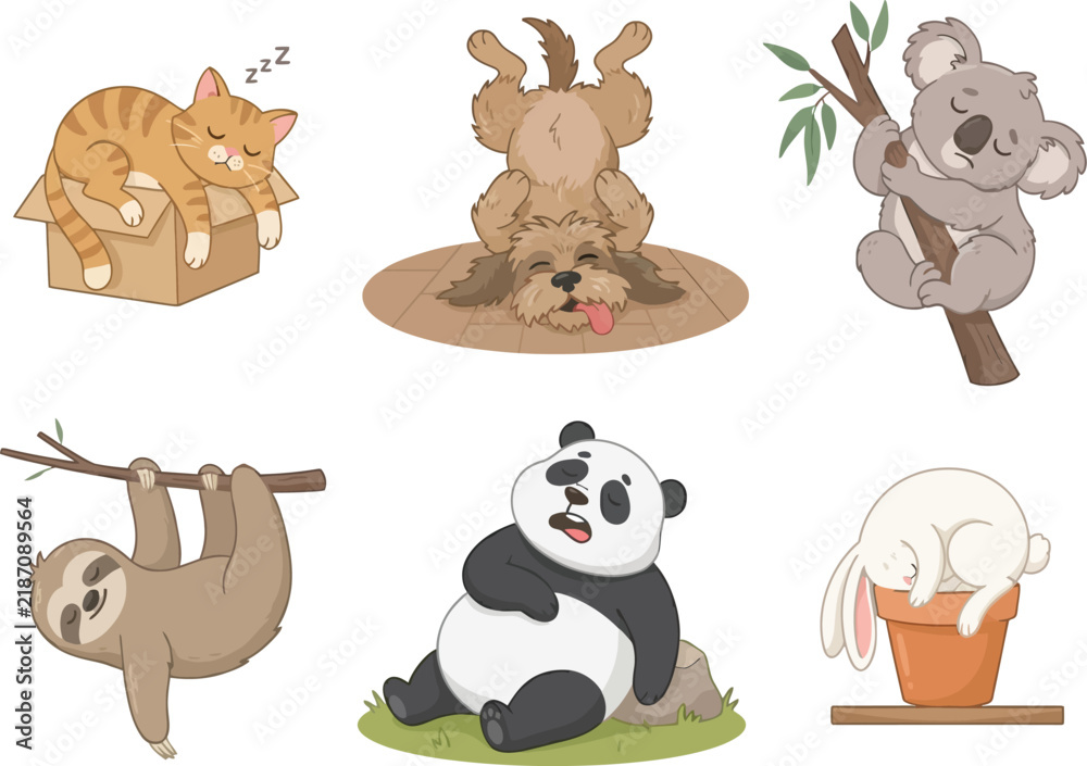 Obraz premium A collection of cute cartoon animals including a cat dog koala sloth panda and rabbit.