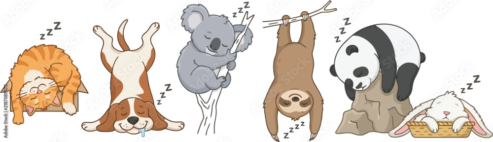 Obraz premium A collection of cute cartoon animals sleeping in various positions.