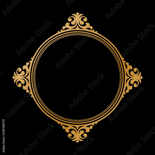 Luxury Golden Vintage Ornate Circular Frame Isolated Design on Black Background. Design print for Greeting, Invitation, Book Cover, and Wall Mirror. 3