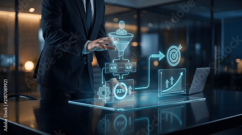Professional business person interacting with a futuristic holographic interface display in a modern dark office environment