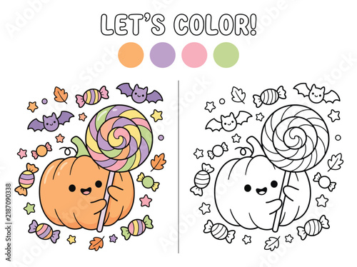 Cute cartoon pumpkin eating candy coloring page