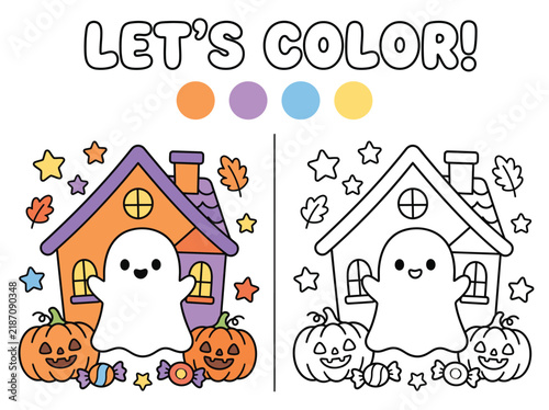Cute halloween house coloring page with ghost and pumpkins