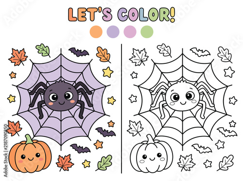 Cute cartoon spider coloring page with pumpkin