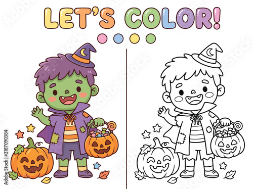 Halloween coloring page with witch kid and pumpkins