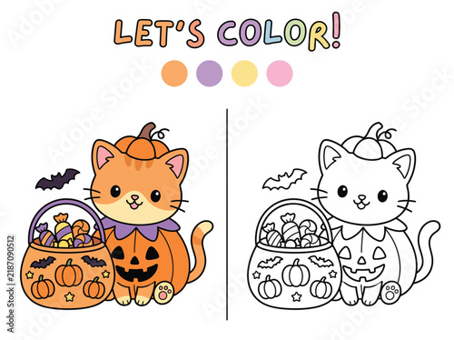 Cute halloween cat coloring page with basket