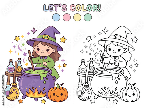 Cute witch coloring page with halloween elements