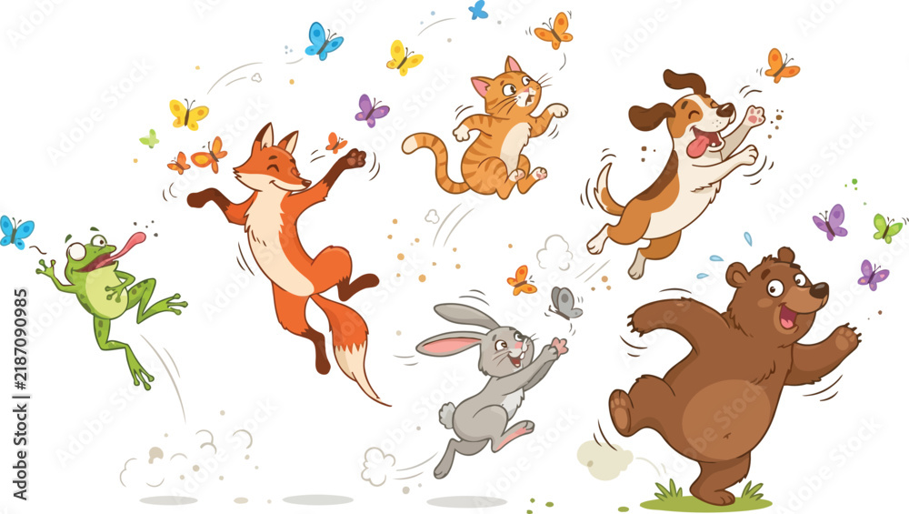 Obraz premium A group of happy cartoon animals playing together in a joyful scene.