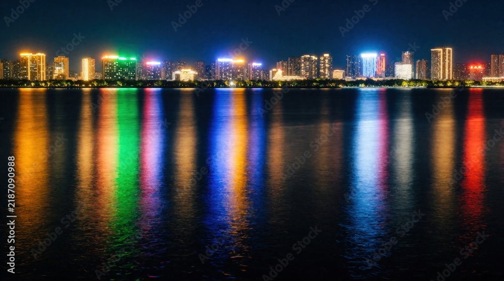 Fototapeta premium Night cityscape skyline with bright colorful lights reflecting on calm water surface. Urban buildings glow in many colors across dark horizon. Vibrant city lights shimmer on lake ripples during