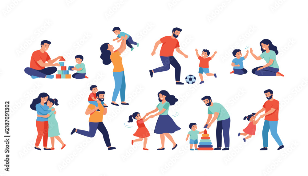 Fototapeta premium Happy parents playing with children vector illustration set containing diverse family activities isolated on white background bundle