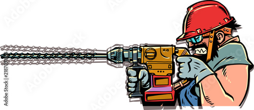 A man drills with a hammer drill. Advertisement for a construction site and hardware store. Heavy physical labor.