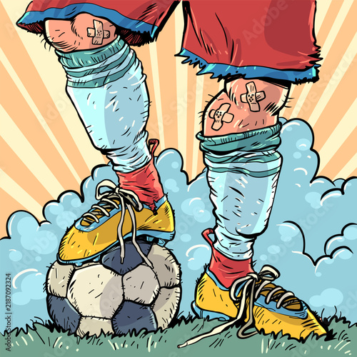 A soccer player's feet hold the ball on the field. Advertising a sports tournament. Promotion of a sports equipment store and a sports club.
