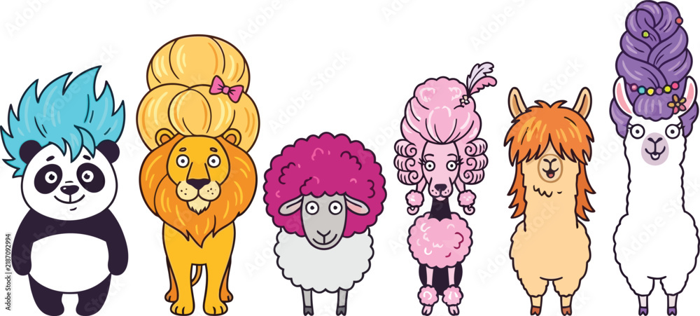 Fototapeta premium A collection of cute cartoon animals with colorful and stylish hairstyles standing in a row.