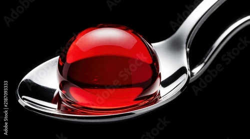Red liquid drop sits on silver spoon. Macro shot of crimson sphere on metal utensil. Shiny translucent globule rests against black background. Minimalist still life with bright ruby orb in dark