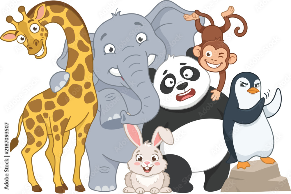 Naklejka premium A group of cute cartoon animals including a giraffe elephant panda monkey rabbit and penguin.