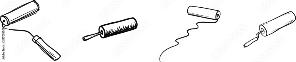 Obraz premium A simple black-and-white doodle illustrates an artists hand-drawn paint roller, its curved handle and cylindrical roller head clearly depicted against a pure white background