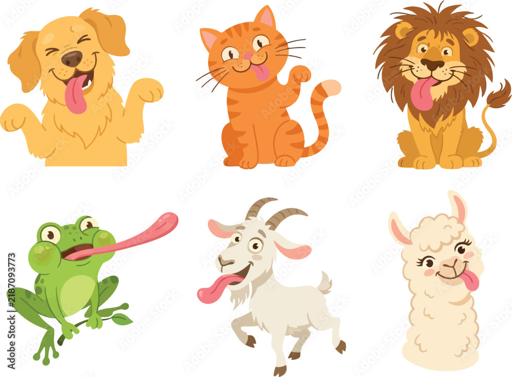 Fototapeta premium A collection of six cute cartoon animals with their tongues sticking out.