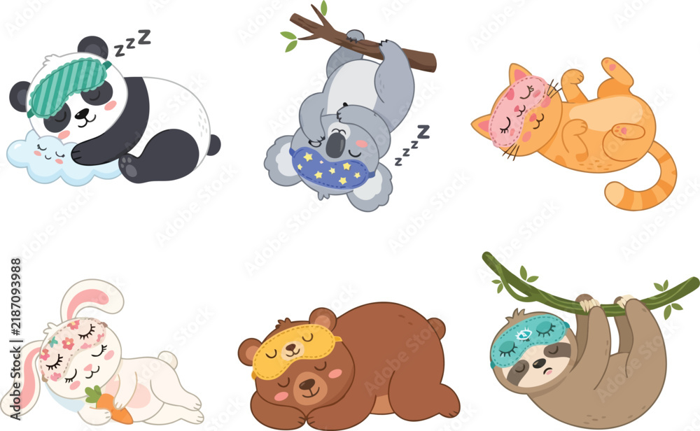 Fototapeta premium A collection of six cute cartoon animals sleeping peacefully with various sleep accessories.