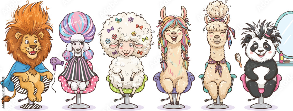 Fototapeta premium A whimsical illustration featuring a row of diverse animals sitting in salon chairs getting their hair styled.
