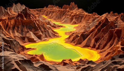Topographic 3D paper sculpture art model of Danakil Depression hydrothermal acid ponds in Ethiopia
