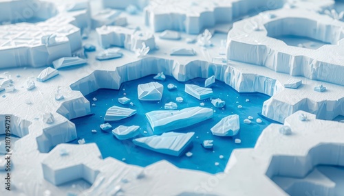 Top-down 3D paper cut art sculpture of Lake Baikal frozen ice hummocks and cracked blue water