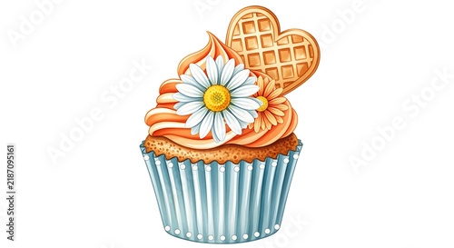 Cupcake with Orange Frosting Daisies and Heart Waffle on White Background