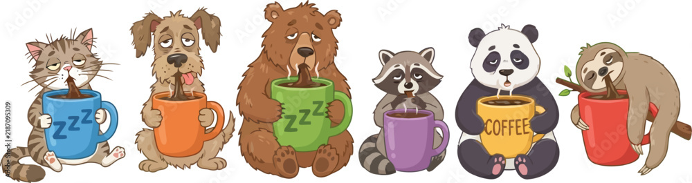 Fototapeta premium A collection of cute cartoon animals holding colorful mugs of hot coffee or tea.