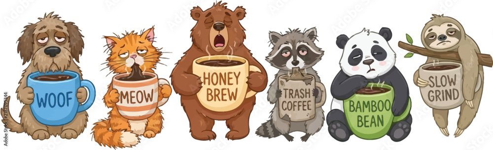 Fototapeta premium A collection of cute cartoon animals holding various coffee mugs with funny labels.