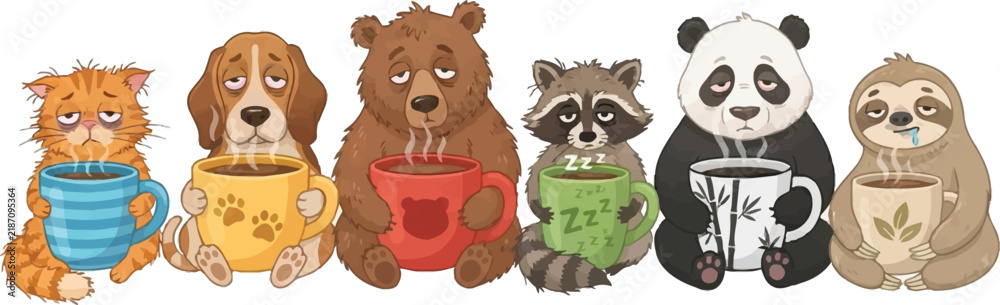 Fototapeta premium A row of cute cartoon animals holding mugs of hot coffee or tea.